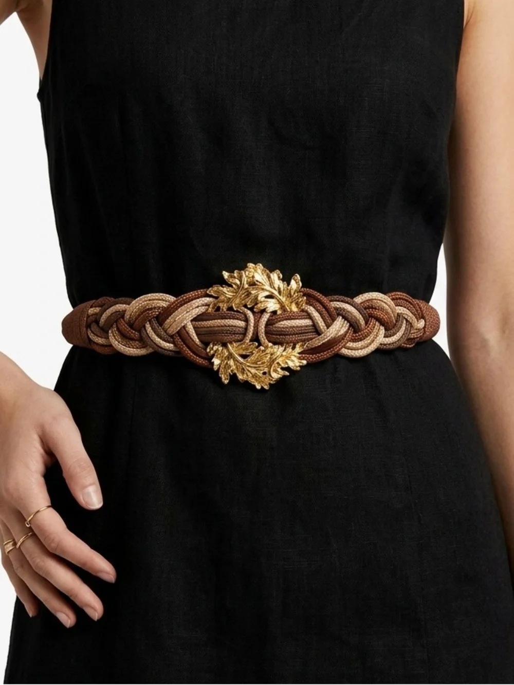 Leather Shop Braided Cord Belt Gold Leaf Buckle Metallic Rope Brown Gold L